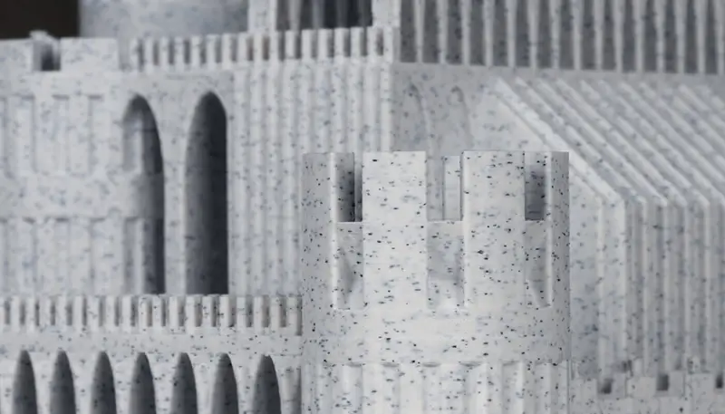 Filament contains inorganic particles, producing prints with marble-like stone texture