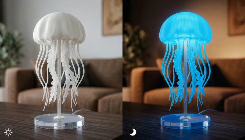 PLA that glows in the dark after light absorption, providing vibrant visuals in low light